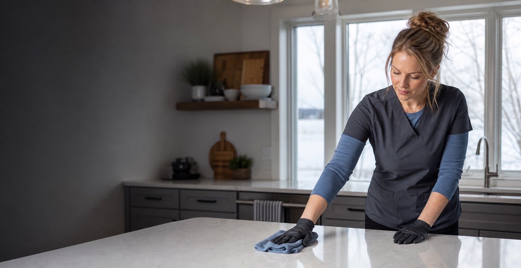 Woman cleaning professional wiping a kitchen island in a bright home
