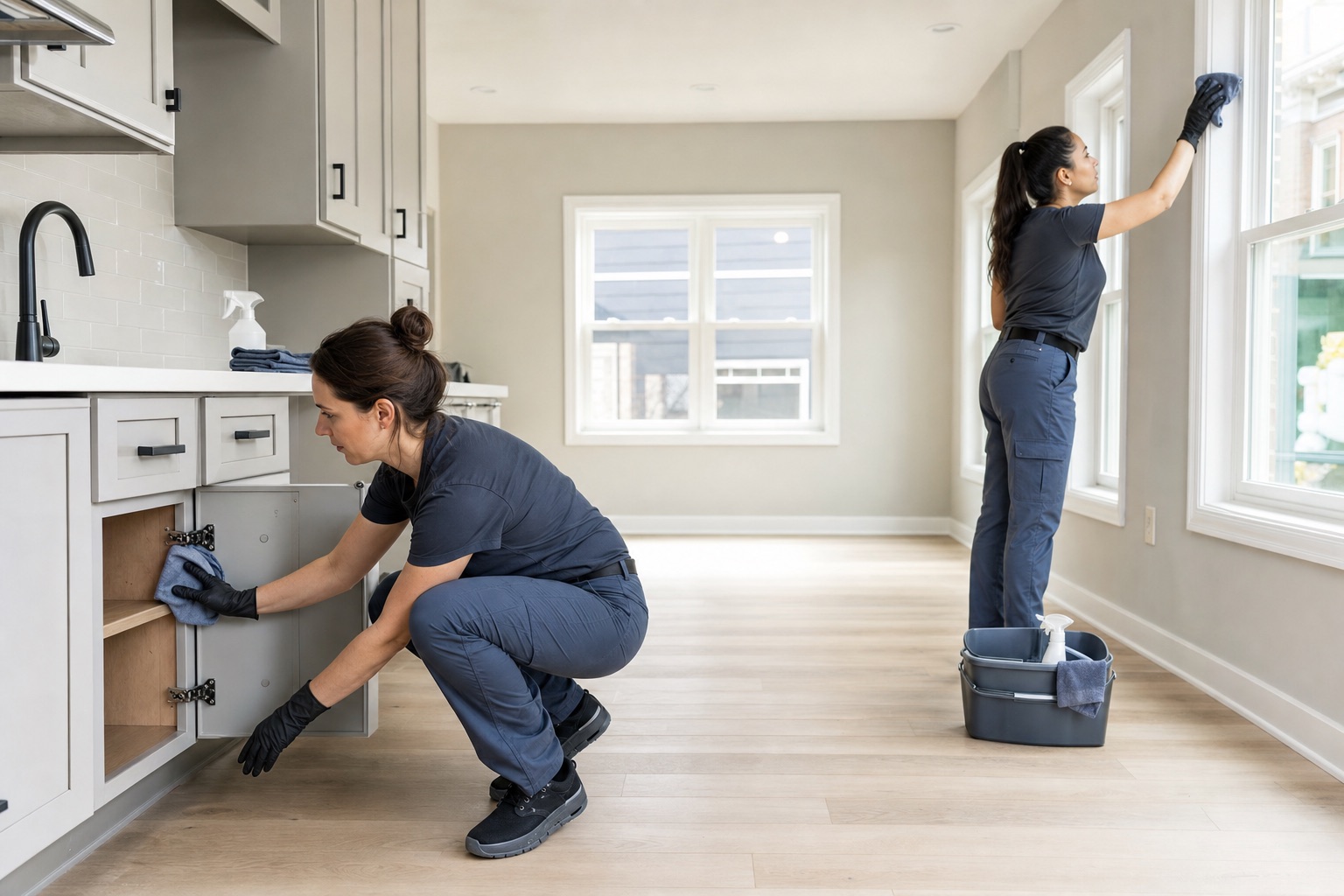 Women cleaning professionals detailing an empty home